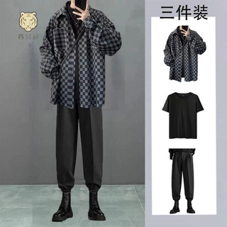 免運★樂天虎 韓版套裝男 長袖套裝 秋冬裝長袖上衣長褲 男生衣著港風新款格子防曬襯衫套裝男寬松百搭潮流高階感休閑三件套