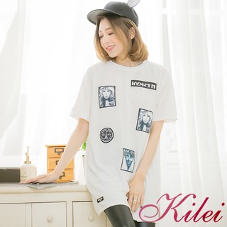 【Kilei】大尺碼女裝 T恤 短袖 女生衣著 照片人物貼布長版T恤上衣XA3448-01(個性白色)大尺碼