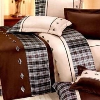 ==YvH==床包兩用被 巴麗維亞咖啡蘇格 絲緞+純棉+貼布繡 加高雙人床包+鋪棉兩用被4件組 sateen
