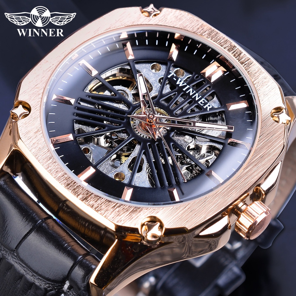 Winner 頂級品牌男士自動手錶玫瑰金色鏤空鏤空皮革手錶男商務機械時鐘