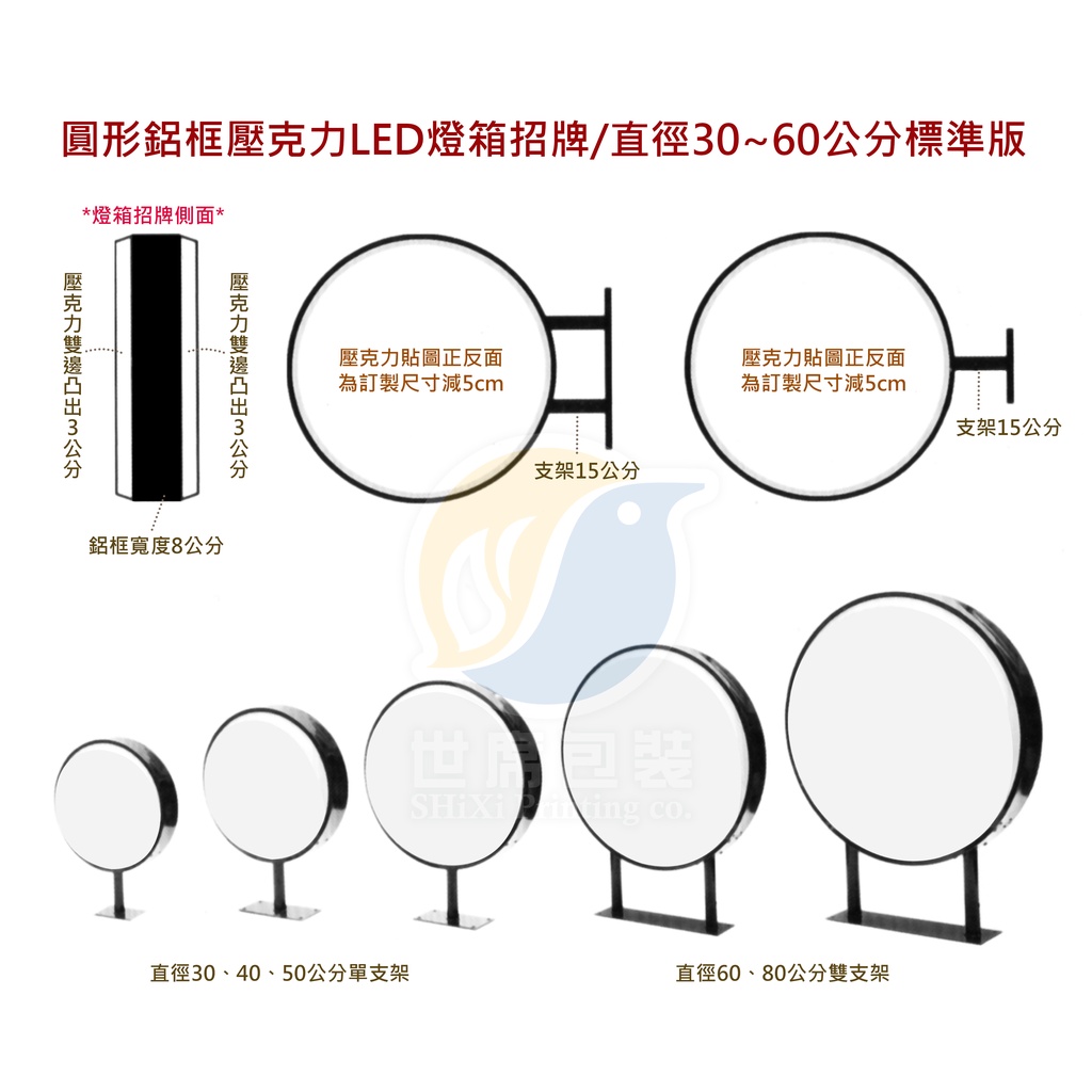 【世席包裝】圓形鋁框壓克力LED燈箱招牌/直徑30~60公分標準版/小招牌/鋁框8cm/含運/燈箱/招牌/不含水電施工/