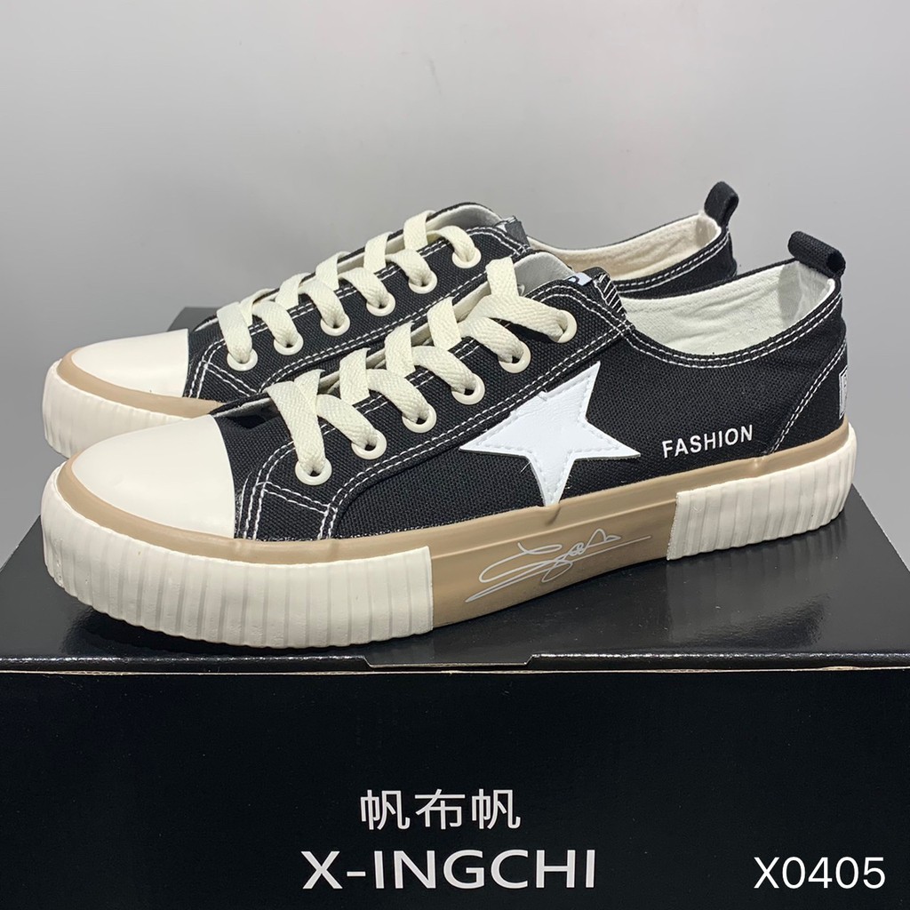 X-INGCHI 女款黑卡其色星星帆布休閒鞋 NO.X0405