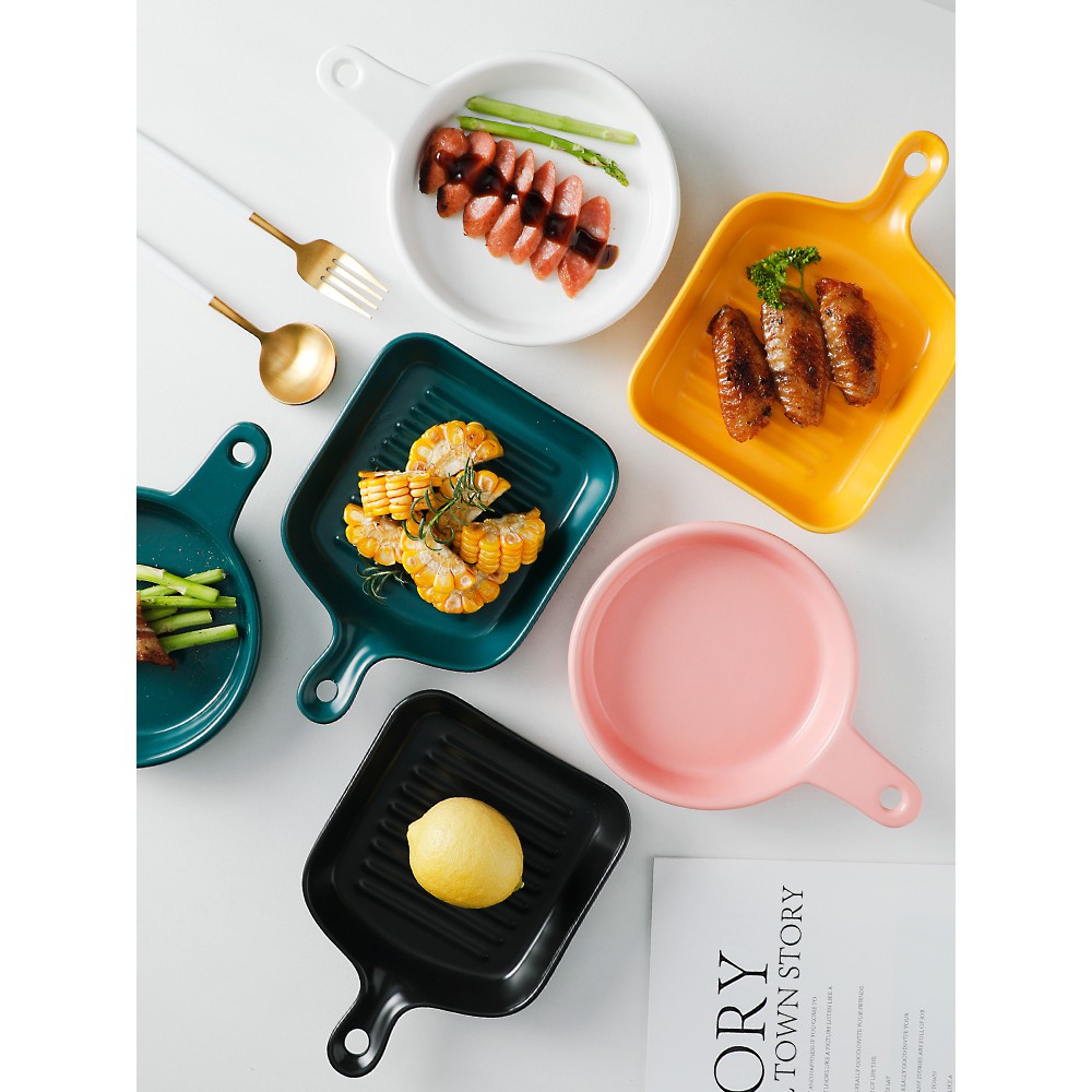 北歐創意烤盤帶手柄盤子網紅菜盤家用烤箱盤焗飯盤陶瓷早餐沙拉盤