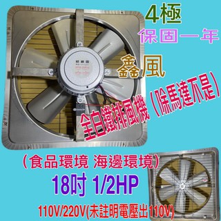 吸排 海邊適用 抽風機 窗戶通風扇 工業用排風扇(臺灣製造) 免運『白鐵排風機』白鐵葉 18吋 1/2HP 4極 排風機
