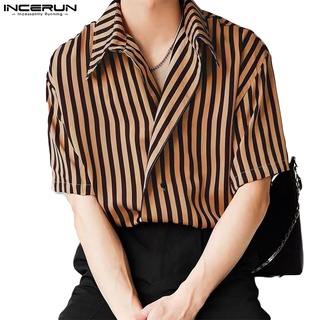 Incerun 男士韓版短袖鈕扣休閒條紋襯衫