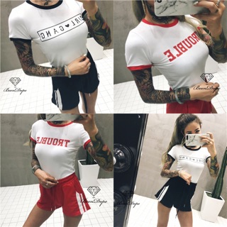 J3歐美復古造型girl gank英文字母印花圓領顯胸撞色短版高腰黑紅色短袖上衣T恤女尾牙活動表演ringer T