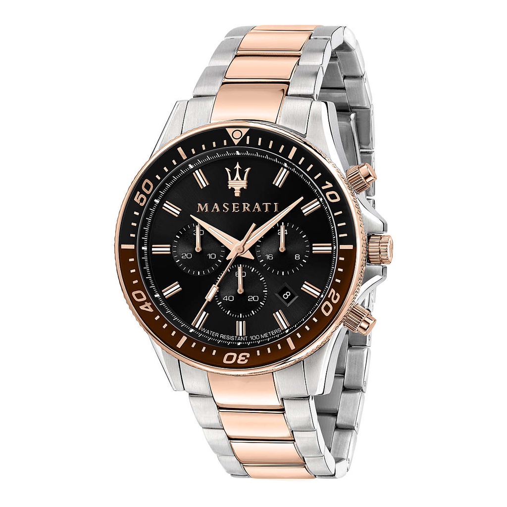 【Maserati 瑪莎拉蒂】雙色錶圈三眼計時鋼帶腕錶-玫瑰金/R8873640009/台灣總代理公司貨享兩年保固