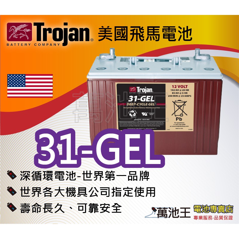 【萬池王 電池專賣】美國飛馬Trojan 全新深循環電池 31-GEL