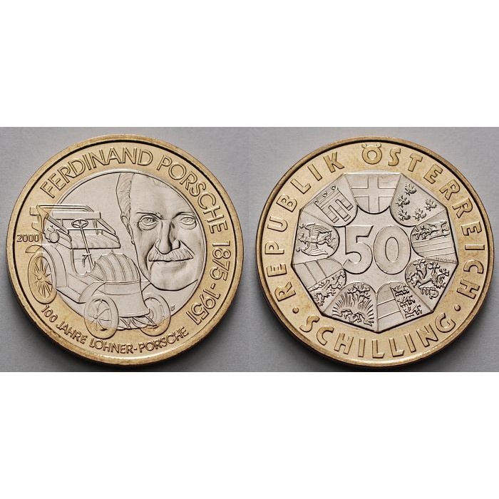 2000 奧地利 斐迪南·保時捷 誕生125周年 50先令 流通紀念幣 官方卡裝