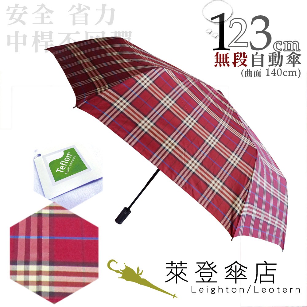 【萊登傘】雨傘 格紋布 不回彈 123cm超大無段自動傘 易甩乾 防風抗斷 紅米格紋