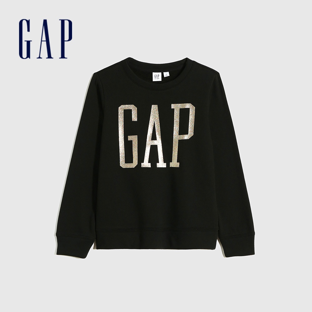 Gap 女童裝 Logo亮色大學T 碳素軟磨系列-黑色(619688)