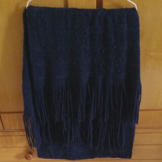 二手 毛料 寬版 針織 流蘇 圍巾 深藍色