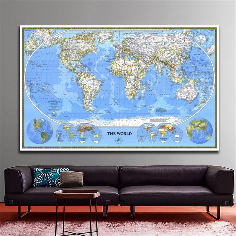 Possbay 世界地圖大海報印刷品壁掛藝術乙烯基和無紡布背景布牆壁裝飾
