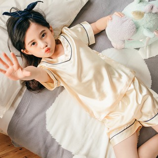 台灣出貨 幼童 女童睡衣 薄款冰絲 可愛兒童 夏季絲質 短袖 男童 女童衣服 女生公主女孩 居家服 兒童睡衣 童裝