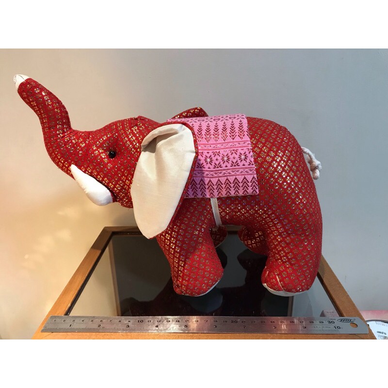 【泰國購回 站立型大象】泰國大象布偶/填充娃娃/紅色金蔥/小象抱偶/立體大象/擺飾品/二手珍藏品