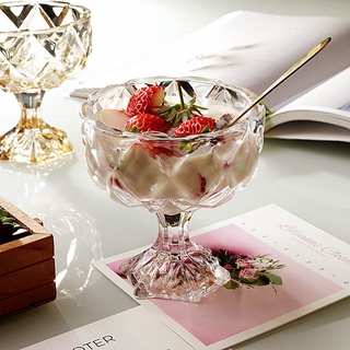 日本玻璃杯 造型玻璃杯 透明玻璃杯 浮雕玻璃杯 韓國ins奢華復古琥珀色甜品杯冰淇淋杯高腳碗早餐碗裝飾收納擺件