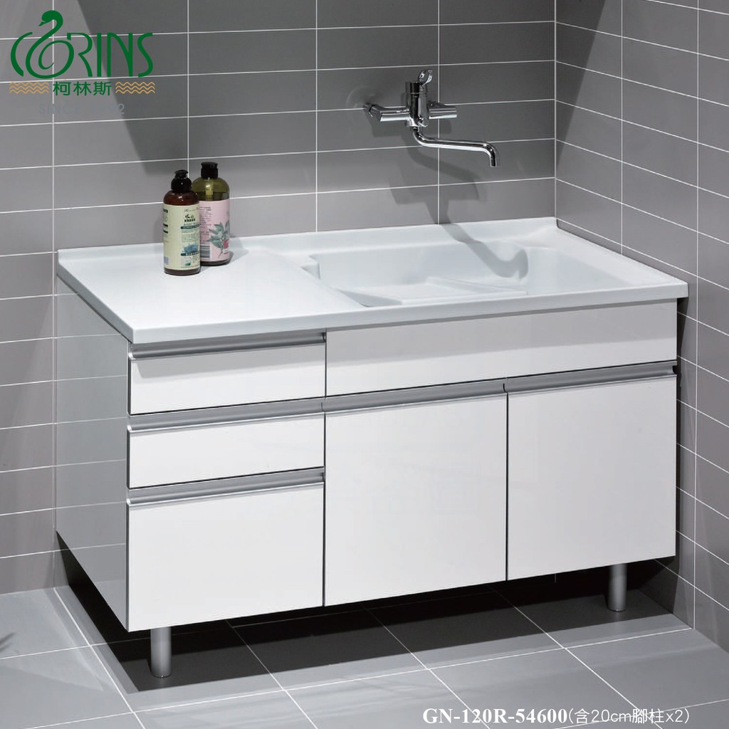 《CORINS 柯林斯》120cm 人造石洗衣槽浴櫃組 GN-120R 單槽在右 結晶鋼烤門片【都會區免運費】