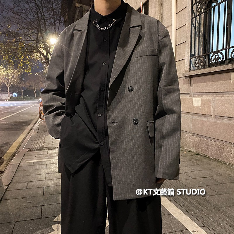 西服 M-2XL 條紋西裝 薄款夾克 穿搭空間 韓版男士西裝外套 外套男 單西外套 黑色西裝外套 雙排扣外套 休閒西裝
