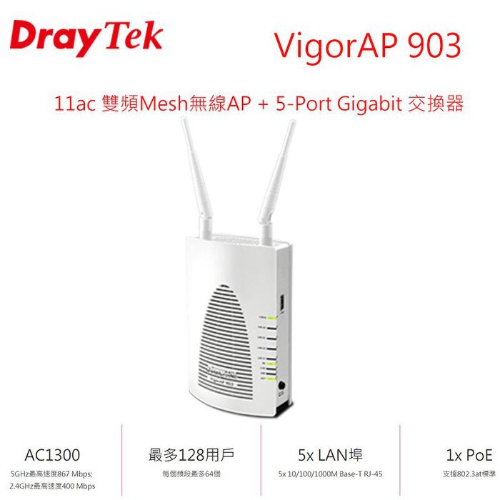 DrayTek居易科技 Mesh無線基地台 VigorAP 903 企業級的 5-Port Gigabit 交換器