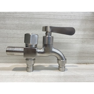 *水電DIY* 不鏽鋼雙出口水龍頭/陶瓷軸芯長栓 前方可正常使用 下方可另接水管出水 可快接洗衣機進水管 一字把手