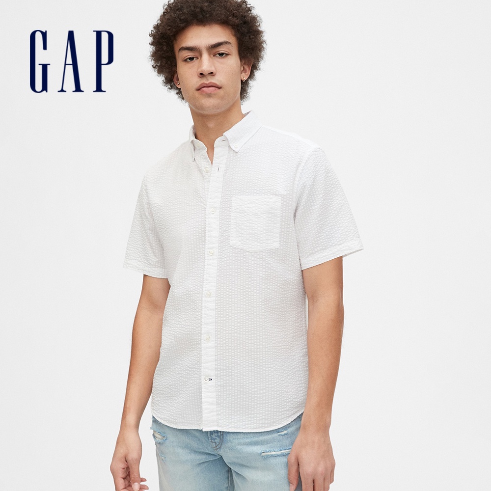Gap 男裝 輕盈質感條紋短袖襯衫-白顏色(573736)