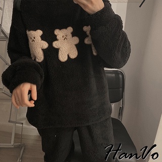【HanVo】三塊小熊餅乾睡衣套裝 韓版舒適保暖日常可愛家居服 兩件式長袖長褲睡衣 女生衣著 A08-5937