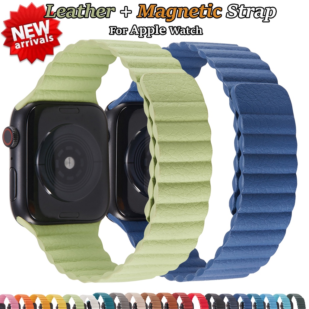 皮革錶帶適用Apple Watch 44毫米 40毫米 3 毫米 42毫米磁性腕帶適用IWatch 6 SE 5 4 3