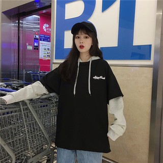 女生薄款連帽衛衣 女生長袖上衣 假兩件連帽t ins超火上衣 韓版連帽t