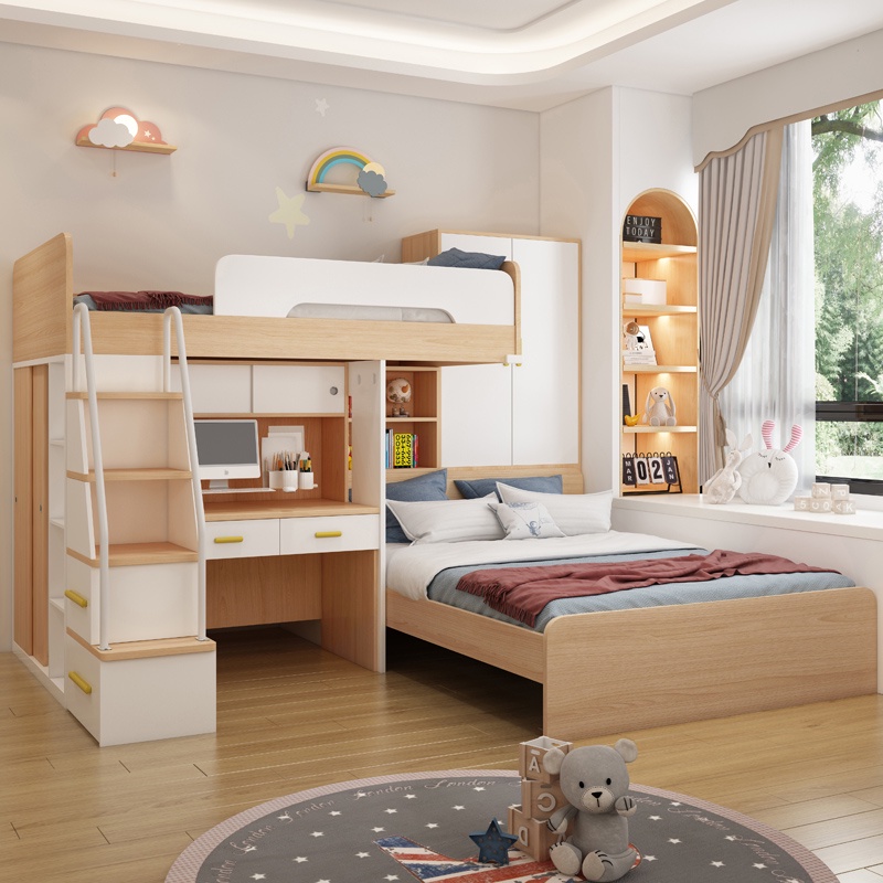 交錯式上下床 多功能兒童子母床 錯位型高低雙層床 帶衣櫃組合 小戶型子母床 雙層床架 高腳床 高架床 儲物多功能床架