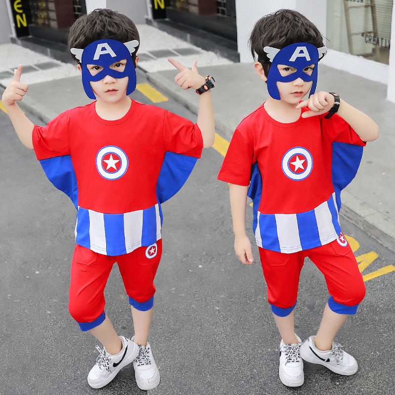 ✨買到賺到💗兒童套裝 兩件套 男童 美國隊長短袖 夏裝男孩 寶寶超人 奧特曼道具面具衣服潮