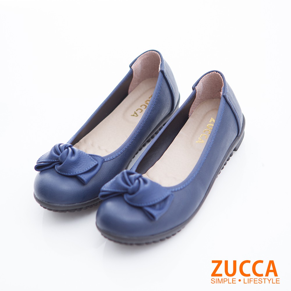 【ZUCCA】扭結朵結皮革低跟鞋-z6707be-藍