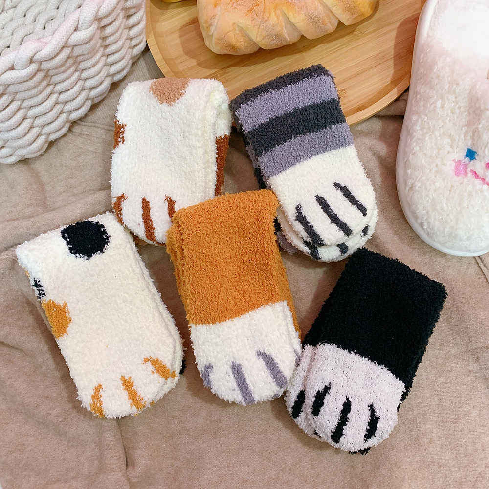 可愛貓爪襪加厚保暖毛絨珊瑚絨中筒襪子甜美卡通貓咪居家地板襪