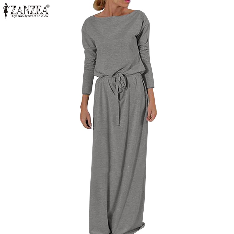 Zanzea 女裝長袖船頸腰帶休閒寬鬆長裙