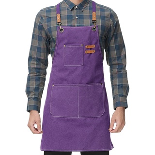 💖热销💖男士女士廚師烹飪圍裙交叉背 3 個口袋帆布廚房圍裙（紫色）
