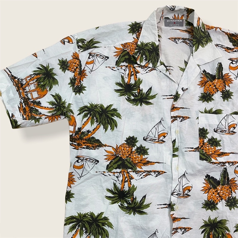 顛復古⚡️白色夏威夷鳳梨椰子樹海岸短袖襯衫❤️男女皆可
