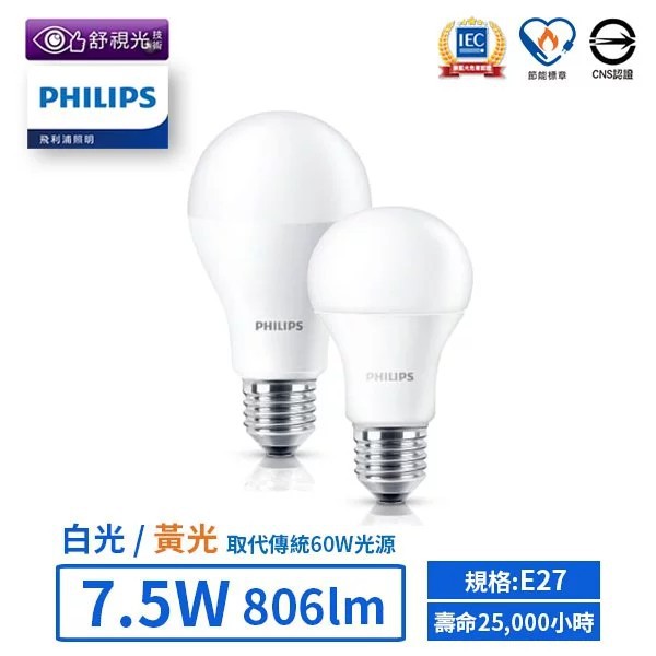 【飛利浦PHILIPS】LED E27/7.5W/舒適光燈泡 (黃光/白光)【實體門市保固一年】