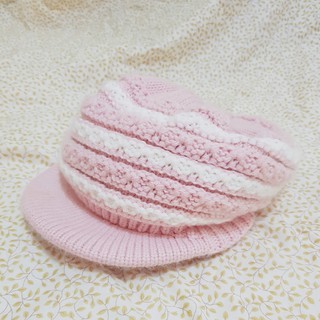 【漢娜°☆】二手-日系粉紅條紋貝蕾帽-白粉紅條紋款-毛線帽-毛帽-八成新-日系可愛風-條紋帽💝