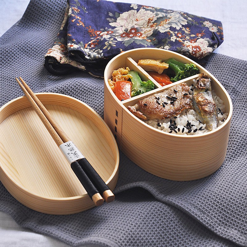 無漆原木日式木質便當盒飯盒簡約分格午餐盒點心飯團壽司盒送布袋
