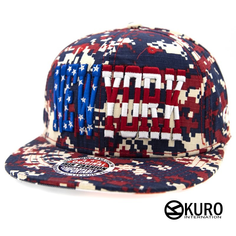 KURO-SHOP潮流新風格-紅、藍色系 馬賽克迷彩 NEW YORK 美國旗 電繡 棒球帽 板帽