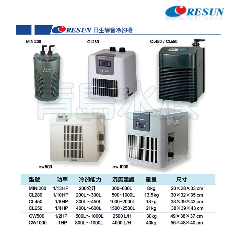 【青島水族】中國RESUN日生 冷卻機 冷水機 mini-200 CL280 CL450 CL650 E-CW0500