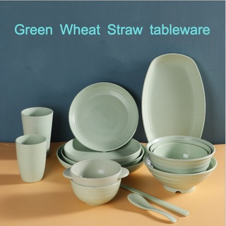 綠色麥草餐具家庭碗盤碟鍋杯微波爐可用餐具晚餐勺套裝