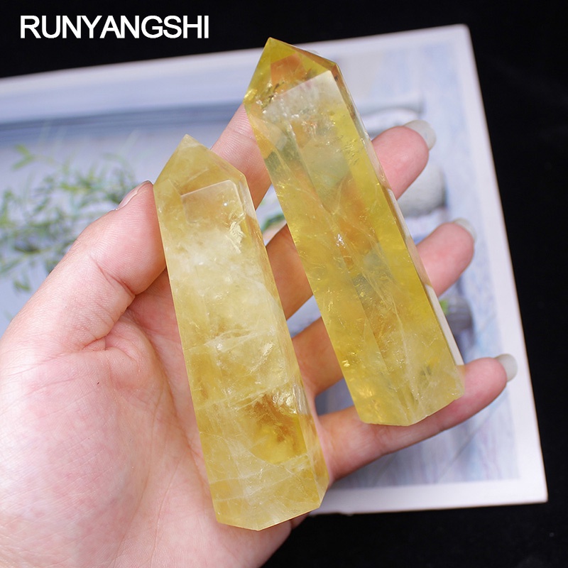 Runyangshi 1pc 熱賣! 天然檸檬水石英水晶棒點黃色石英晶體點靈氣癒合作為禮物