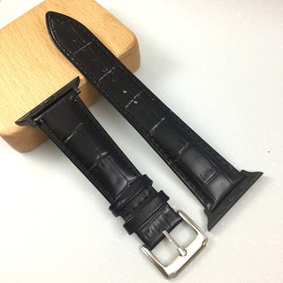台灣店家 Apple Watch 代用錶帶 牛皮壓鱷魚大格紋 雙面 真 牛皮 黑色 不鏽鋼針釦