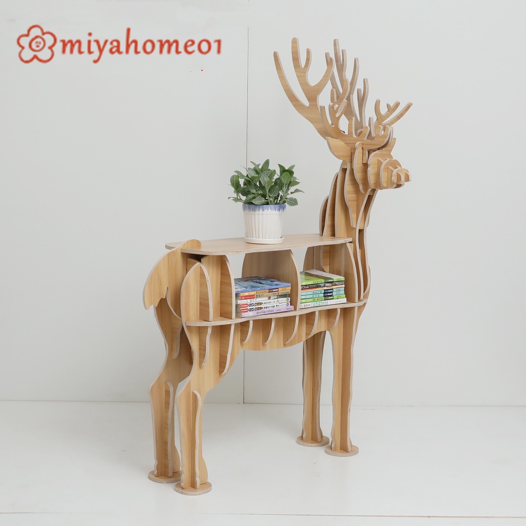 【米椏家居】創意木質北歐麋鹿書架動物造型邊幾客廳置物架軟裝擺件