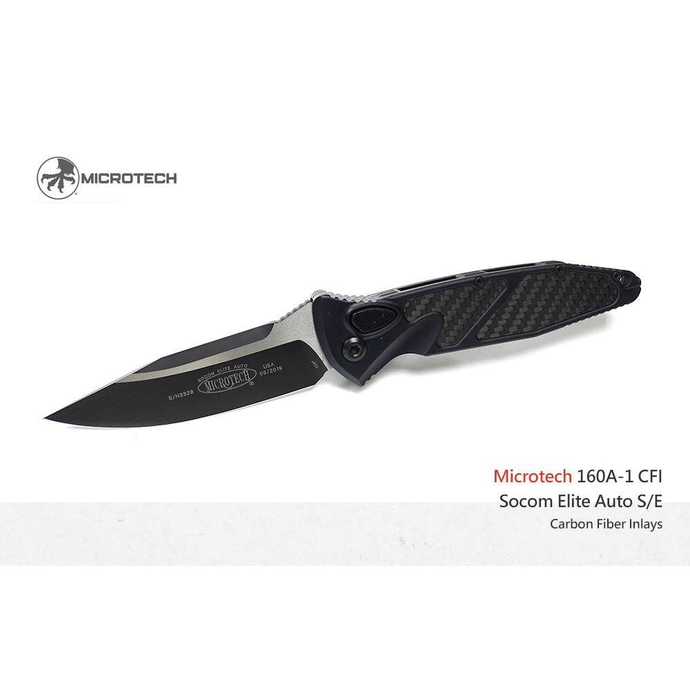 Microtech Socom Elite Auto 黑鋁柄鑲嵌碳纖維板雙色刃側彈刀 (204P鋼)