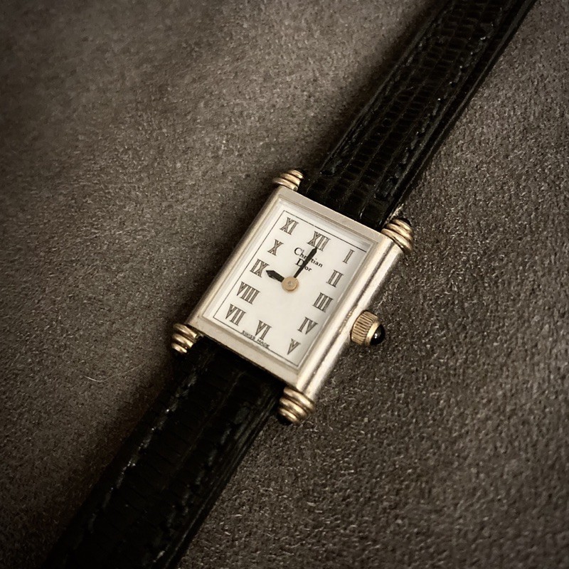 【時空】Christian dior 1986經典款手錶/迪奧黑白方錶坦克名牌錶/蜥蜴真皮錶帶tank款/絕版老錶女錶