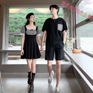 【COUPLE】法式情侶裝❗❗夏季2022新款假兩件短袖連衣裙女甜美顯瘦A字裙