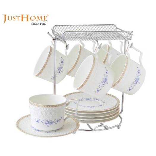 【Just Home】韋格納骨瓷6入咖啡杯盤組附收納架(附禮盒) 《 享盈餐具》下午茶杯盤組 花茶杯 咖啡杯 骨瓷杯