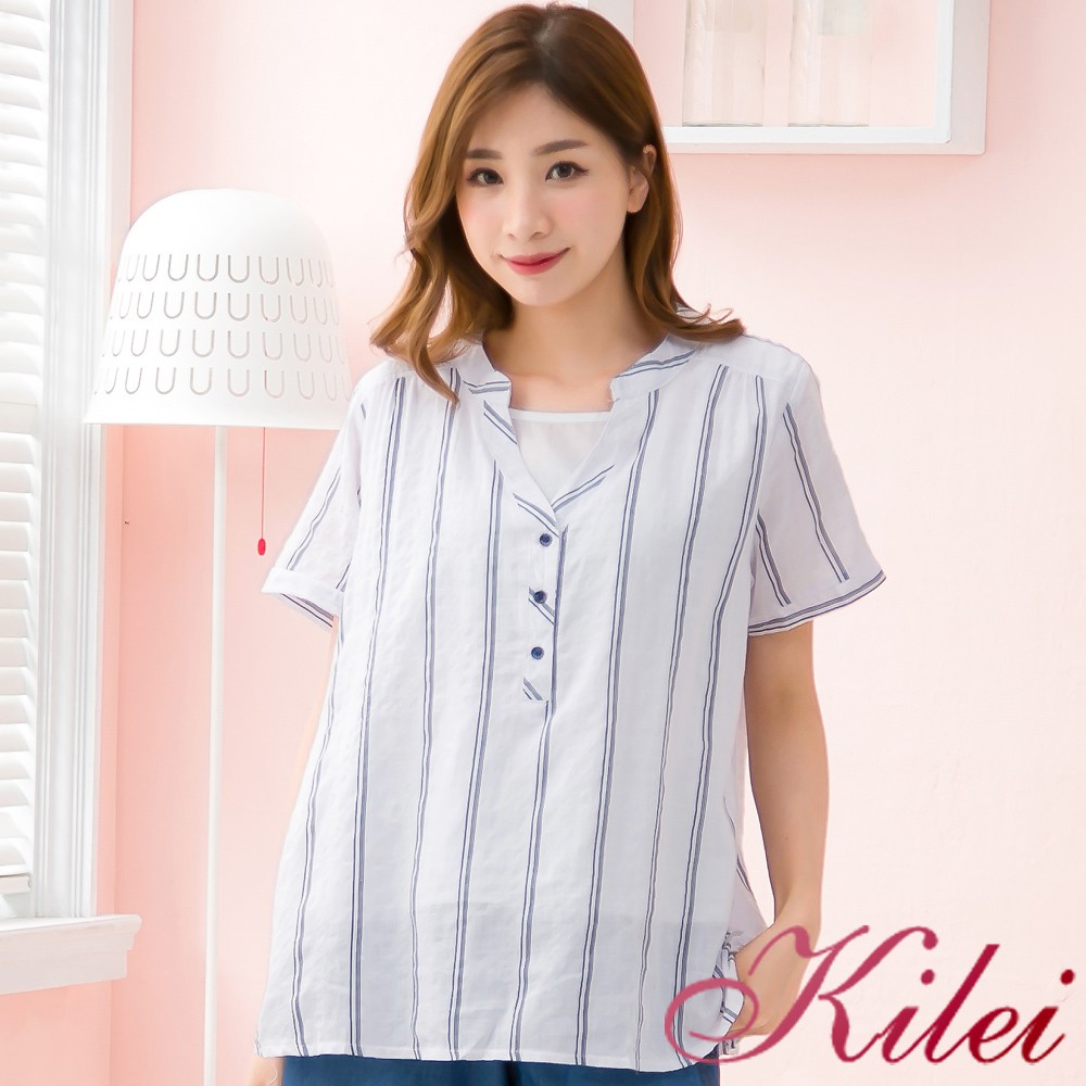 【Kilei】直條紋假兩件式棉紗襯衫上衣XA3754-01(藍白條)大尺碼