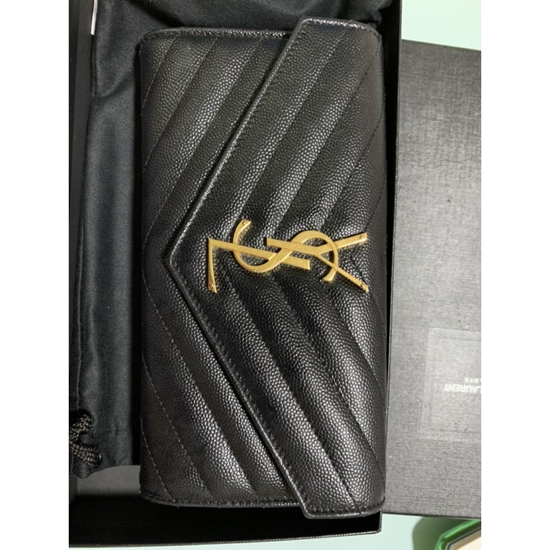 二手正品SAINT LAURENT YSL 黑色 金LOGO 魚子醬皮 長夾 皮夾 錢包